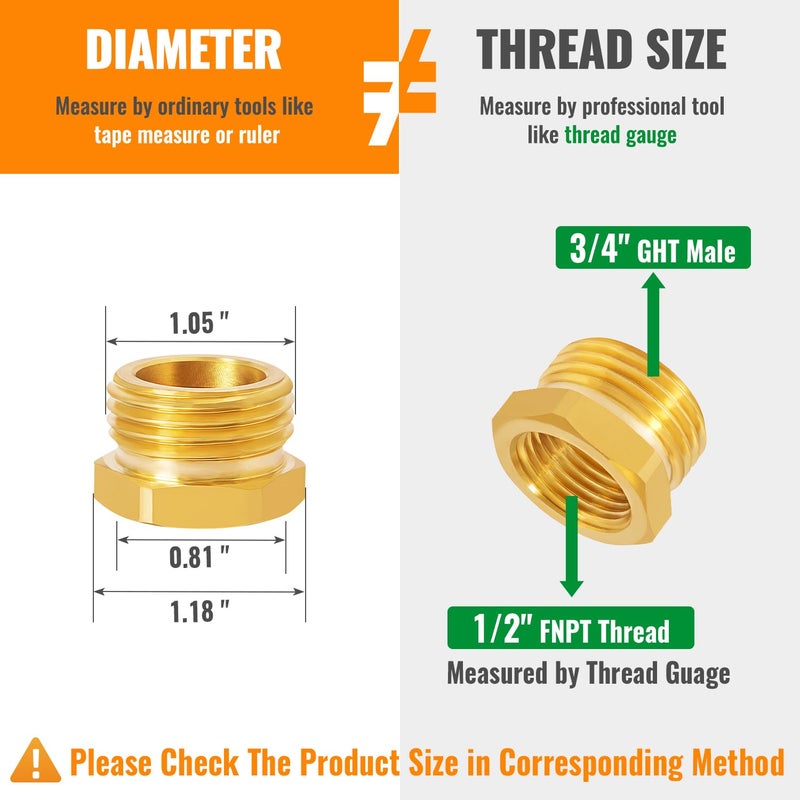SUNGATOR موصل SUNGATOR 2PCS 3/4" GHT ذكر x 1/2" NPT أنثى، تركيب خرطوم حديقة نحاسي، محول GHT إلى NPT سداسي، محول خرطوم حديقة إلى أنبوب مع شريط ختم إضافي - Image 2